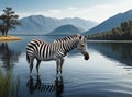 A beautiful zebra near a beautiful lake in a beautiful environment