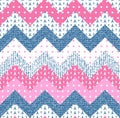 Beautiful zigzag patchwork from polka dot, knitted and jeans patches. Seamless chevron pattern