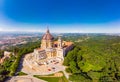 Beautifull aerial panoramic view to the famous from the drone Basilica of Superga in sunny summer day. The cathedral church