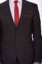 Black men`s suit and white shirt and red tie, close up Royalty Free Stock Photo