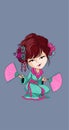 Beautifull japanese girl sit in green kimono. Young Geisha with japanese fans. Cartoon woman character. Japanese at the