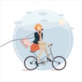 Business woman is riding bike and talking retro phone creative flat vector illustration