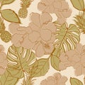 Beautifull tropical lily flowers and leaves seamless pattern design.