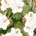 Beautifull tropical lily flowers and leaves seamless pattern design.
