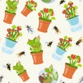 Beautifull tropical seamless pattern with carnivorous plants in pots and insects. Summer print with unusual exotic Rafflesia