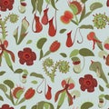 Beautifull tropical seamless pattern with carnivorous plants. Summer print with unusual Rafflesia, Nepenthes, Venus
