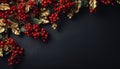 Beautifully adorned christmas garland hanging on a dark background with ample copy space