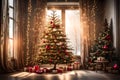 A beautifully adorned Christmas tree in an empty room with soft, diffused natural light streaming through the window Royalty Free Stock Photo