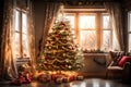 A beautifully adorned Christmas tree in an empty room with soft, diffused natural light streaming through the window