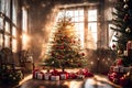 A beautifully adorned Christmas tree in an empty room with soft, diffused natural light streaming through the window