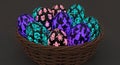 Colorful easter eggs in woven basket with intricate designs on grey background Royalty Free Stock Photo