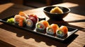 Assorted Fresh Sushi Platter with Chopsticks and Condiments Royalty Free Stock Photo