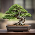 A beautifully arranged bonsai tree with a twisted trunk displayed in a rectangular Royalty Free Stock Photo