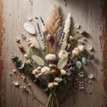 A beautifully arranged bouquet of dried flowers is spread on a rustic wooden surface. The compositio Royalty Free Stock Photo