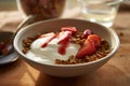 A beautifully arranged bowl of Greek yogurt topped with fresh strawberries, granola, and a drizzle of honey, illustrating a Royalty Free Stock Photo