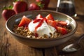 A beautifully arranged bowl of Greek yogurt topped with fresh strawberries, granola, and a drizzle of honey, illustrating a Royalty Free Stock Photo