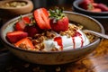 A beautifully arranged bowl of Greek yogurt topped with fresh strawberries, granola, and a drizzle of honey, illustrating a Royalty Free Stock Photo