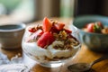 A beautifully arranged bowl of Greek yogurt topped with fresh strawberries, granola, and a drizzle of honey, illustrating a Royalty Free Stock Photo