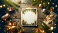 beautifully arranged Christmas mockup card scene on a rustic wooden table