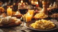 Cozy Candlelit Dinner Table with Pasta, Wine, and Fresh Bread Perfect for Romantic Evening or Family Gathering Royalty Free Stock Photo