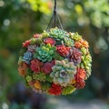 Hanging succulent planter filled with colorful varieties in a vibrant garden setting, AI Generated Royalty Free Stock Photo