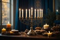 A beautifully arranged image featuring the menorah and the lighting of Hanukkah nine candles, capturing the tradition and