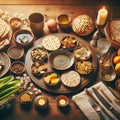 Traditional passover seder plate with festive foods and warm candlelight