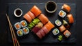 Sushi Platter with Salmon, Tuna, and California Rolls on Dark Slate Board Royalty Free Stock Photo
