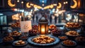 Ramadan festive table setting with dates lanterns and traditiona Royalty Free Stock Photo