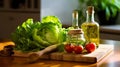 Fresh Organic Vegetables on Cutting Board with Knife and Olive Oil