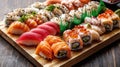 a beautifully arranged sushi platter with various types of rolls Royalty Free Stock Photo