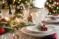 A beautifully arranged table for a festive Christmas dinner, complete with a stunning Christmas tree in the background, A