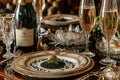 A beautifully arranged table set for a special and elegant dinner occasion, complete with champagne, A lavish table set with fresh