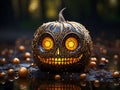 Beautifully carved pumpkin with eyes and smile, Halloween decoration, AI generated illustration, greeting card