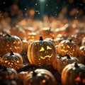 Beautifully carved pumpkins with candlestick light from inside, Halloween decoration, AI generated illustration