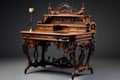 a beautifully carved victorian writing desk with quill and inkpot