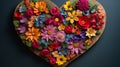 A beautifully carved wooden heart with vibrant, fresh flowers gracefully arranged around it