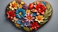 A beautifully carved wooden heart with vibrant, fresh flowers gracefully arranged around it