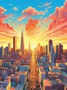 Beautifully colored, hand-drawn illustration of an urban cityscape. It features large skyline with tall buildings and Royalty Free Stock Photo