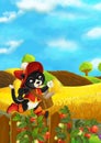 Beautifully colored scene with cartoon character - cat traveler running somewhere - fields in the background