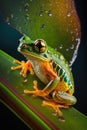 Beautifully colored tropical frog in the jungle on a leaf. Generative AI