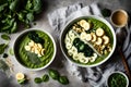 A beautifully composed image of a green smoothie bowl, filled with spinach, kale, banana slices, and a sprinkle of chia seeds for