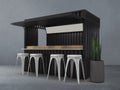 Beautifully converted shipping container in the into modern cafe bar restaurant, 3d rendering, mockup.