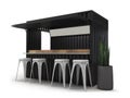 Beautifully converted shipping container in the into modern cafe bar restaurant, 3d rendering, mockup.