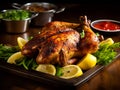 A beautifully cooked, golden - brown roasted chicken takes center stage on a rustic wooden table.Generative AI