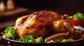 A beautifully cooked, golden - brown roasted chicken takes center stage on a rustic wooden table.Generative AI
