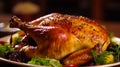 A beautifully cooked, golden - brown roasted chicken takes center stage on a rustic wooden table.Generative AI