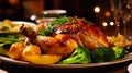 A beautifully cooked, golden - brown roasted chicken takes center stage on a rustic wooden table.Generative AI