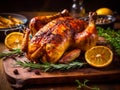 A beautifully cooked, golden - brown roasted chicken takes center stage on a rustic wooden table.Generative AI