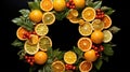 a beautifully crafted Christmas wreath made entirely from dried citrus slices, such as oranges and lemons. Highlight the